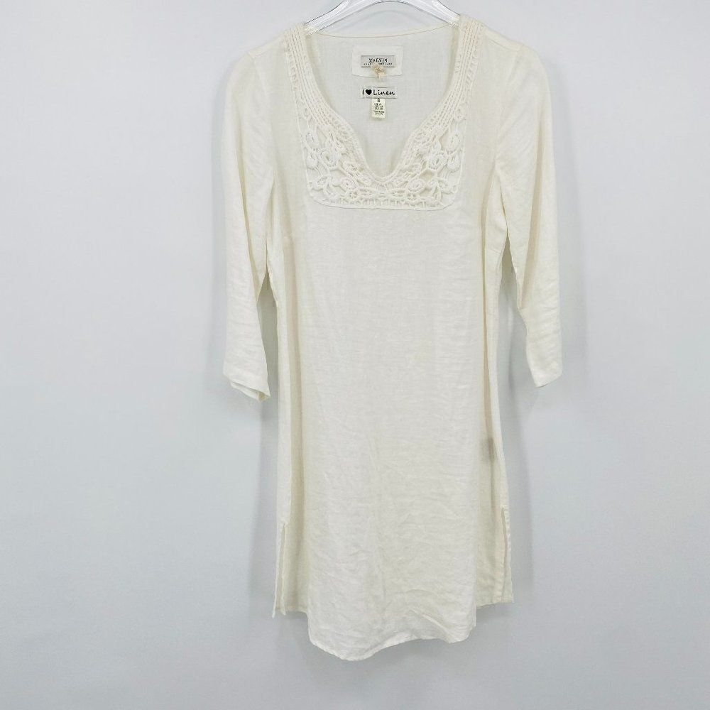 Malvin Germany Love Linen White 3/4 Sleeve V Neck Mini Summer Dress Size 6 Small